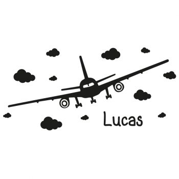 muursticker van vliegtuig met naam en wolken kinderkamer stoer voertuigen wolkjes zwart wit