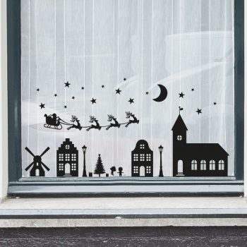 raamsticker-kerst-dorp-statische-herbruikbaar-zwart-wit-slee-christmas