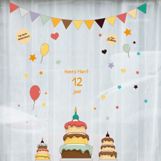 raamsticker verjaardag herbruikbaar statisch full colour taart